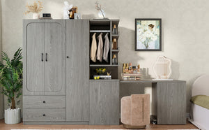 English Elm Multifunctional Wardrobe Cabinet with Fold Out Desk Hanging Rod and Storage Drawers Gray W1580S00476