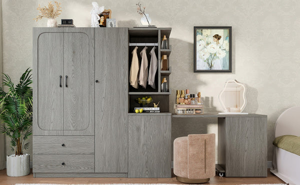 English Elm Multifunctional Wardrobe Cabinet with Fold Out Desk Hanging Rod and Storage Drawers Gray W1580S00476