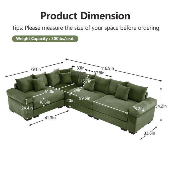 English Elm Oversized Modular Sectional Couch - Cloud-Like Comfort, Deep Seats, 13 Pillows, Ergonomic Design, Green W714S01340-GIGA