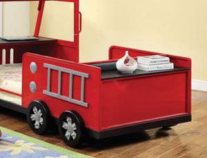 English Elm Modern Fire Truck Bed With Padded Headboard & Hidden Storage Compartment - Red & Black Design B2741S00509