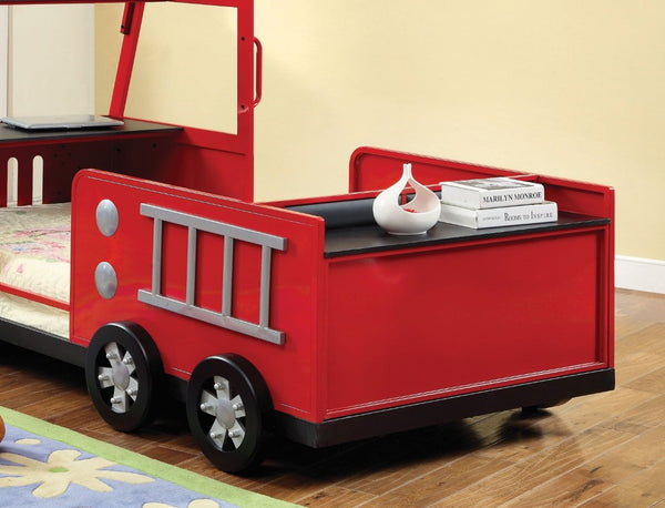 English Elm Modern Fire Truck Bed With Padded Headboard & Hidden Storage Compartment - Red & Black Design B2741S00509