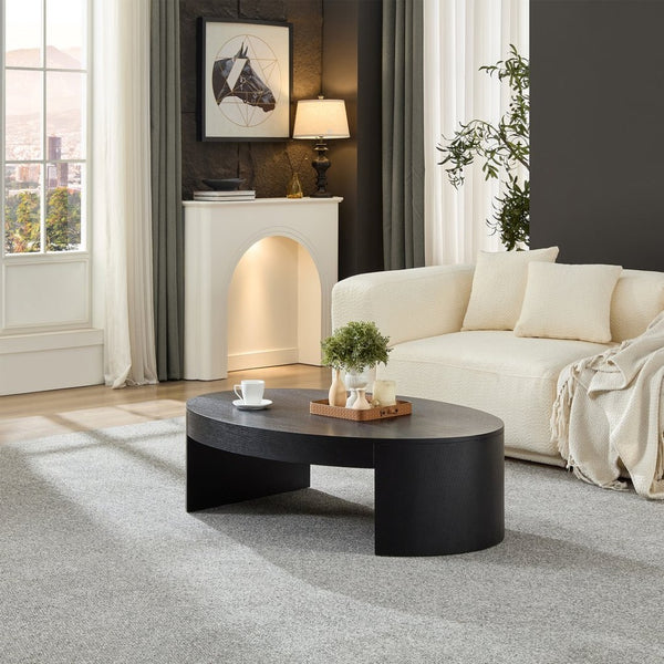English Elm Modern Oval Mdf Coffee Table with Drawer Natural Matte Finish for Living Rooms Black W2085P399023