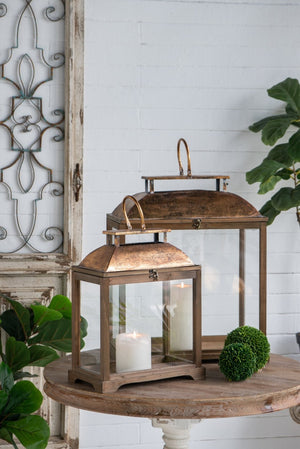 English Elm S/2 Distressed Fir Wood Candle Lanterns with Glass Sides and Gold Dome Tops W2078P423052