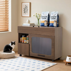English Elm 2 IN 1 Multi-use Cat Litter Box Enclosure Walnut Side Table with Storage, Mid-Century Modern Buffet Cabinet, Flip-Up Door, Rollers, Large Capacity — 35.5"L x16.3"W x27.2"H N843P254845W