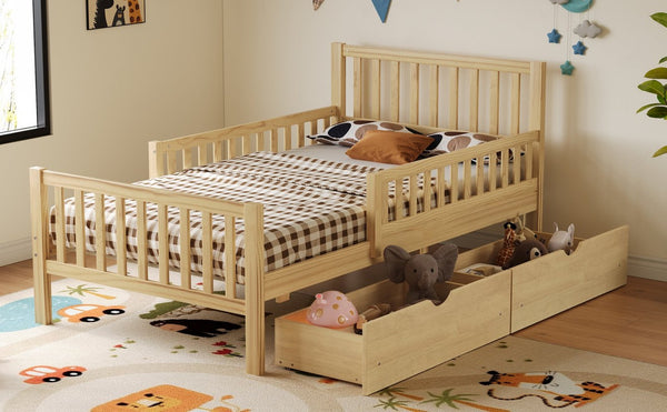 English Elm Twin Pine Platform Bed with Guardrails and Under Storage Drawers for Small Rooms N733P172696M