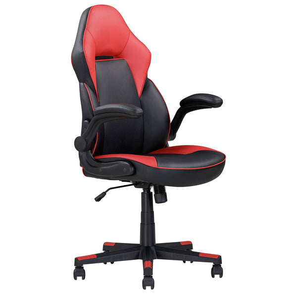 English Elm Adjustable Bonded Leather Office Chair with Butterfly Mechanism, 360° Swivel, Padded Headrest & Flip-Up Arms for Ergonomic Comfort and Productivity Black+Red 29 L x 26 W x 14 H B2741P281452