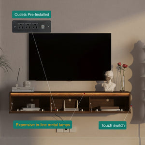 English Elm Floating Wall Mounted Tv Shelf with Led Lighting Power Outlets Gloss White Media Storage W1321P351884