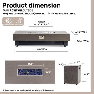 English Elm 60-INCH Modern Fire Pit Table with Stainless Steel Burner, Rain Cover, Propane Heater for Patio Gatherings Black,Walnut W3131P333699