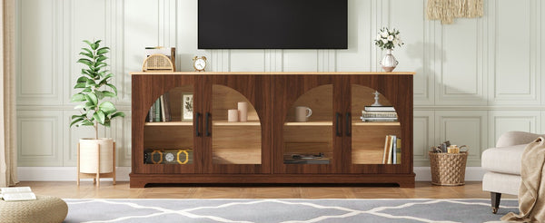 English Elm Farmhouse Media Console with Arched Glass Doors Wood Grain Two Tone Living Room Storage Walnut N721P411204P