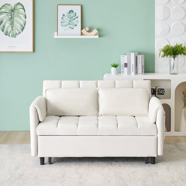 English Elm 52 Beige Modern Velvet Sofa Pullout Bed, 3-in-1 Convertible 52" Loveseat for Small Spaces, Pillows & Storage Pockets W1658P266333