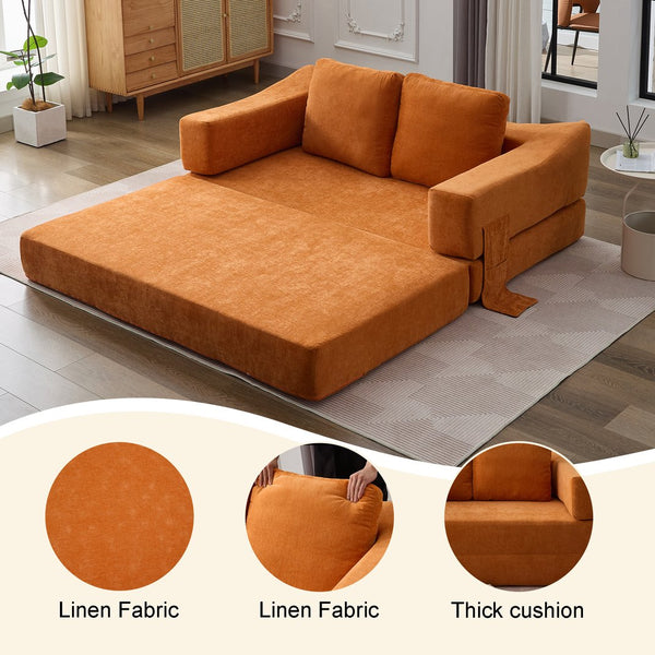 English Elm Modern Minimalist Sofa Fold-Out Convertible Floor Couch Bed with Removable Backrest Chenille Orange, Modular Comfort and Side Pockets W1829P186302
