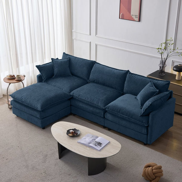English Elm 105" L-shaped Chenille Sectional with Ottoman Pocket Spring Living Room Sofa Blue W1097S00231