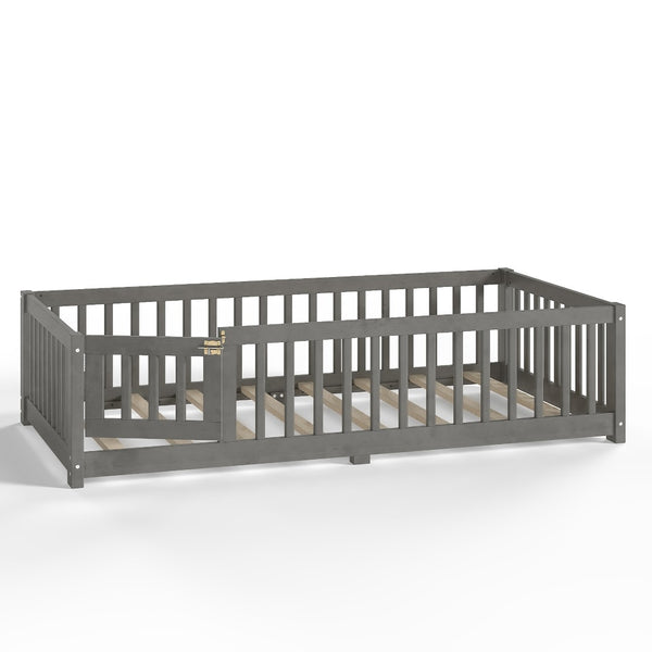 English Elm Twin Floor Bed Solid Pine Frame with Guardrails and Door for Safe Kid Sleep W1580P433575