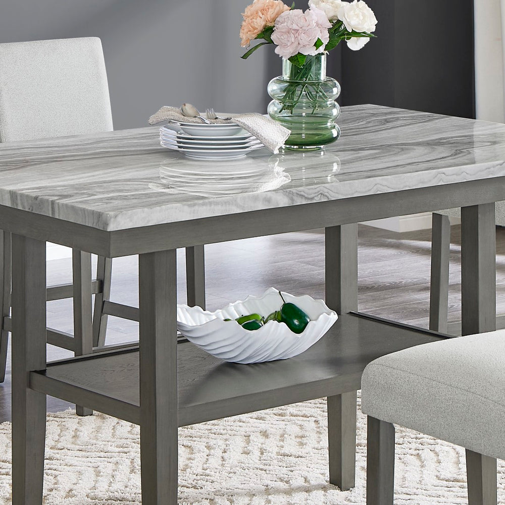 English Elm Selena 60" Counter Height Table With Gray Faux Marble Top & Stylish Storage Shelf For Modern Dining B061P406088-GIGA