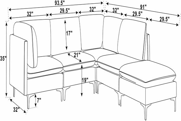 English Elm Linen Upholstered Modular Sectional Sofa with Tall Black Metal Legs for Living Room Dark Blue B2748S00122