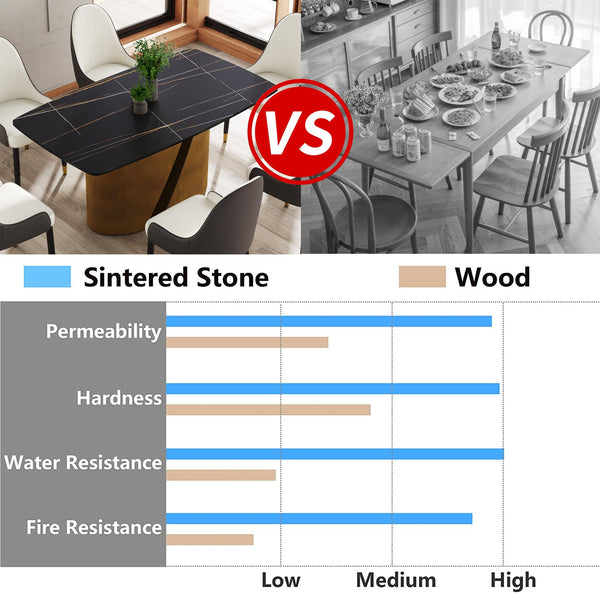 English Elm 63" Modern Sintered Stone Dining Table With Curved Black Panel And Bronze Iron Legs For 6-8 People W1535S00358