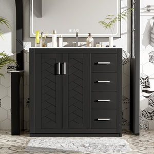 English Elm 36'' Bathroom Vanity with Ceramic Sink Combo Solid Wood Frame Soft-Closing Drawers Ample Storage Elegance Black N710P243327B