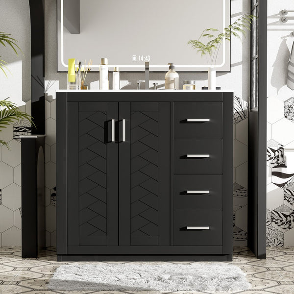 English Elm 36'' Bathroom Vanity with Ceramic Sink Combo Solid Wood Frame Soft-Closing Drawers Ample Storage Elegance Black N710P243327B