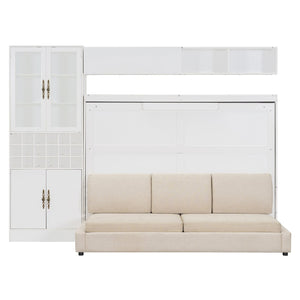 English Elm Full Size Murphy Wall Bed with Linen Sofa Integrated Shelving Usb Charging and Lighting LP000763AAK