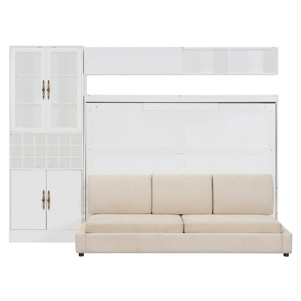 English Elm Full Size Murphy Wall Bed with Linen Sofa Integrated Shelving Usb Charging and Lighting LP000763AAK