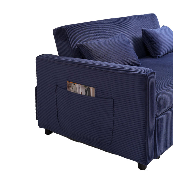 English Elm Futon 3-in-1 Corduroy Sofa Bed with Adjustable Backrest, Pull-Out Sleeper and Storage Pocket Blue W3138P281699