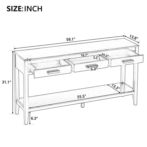 English Elm U_style Farmhouse Console Table with Three Drawers Open Shelf Entryway Organizer N711P410445E
