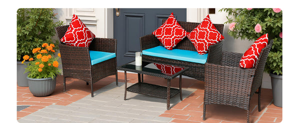 English Elm Four-Piece Pe Rattan Outdoor Furniture Set With Sapphire Blue Cushions & Glass-Top Table - Stylish Comfort For Patios And Gardens W3152P269436