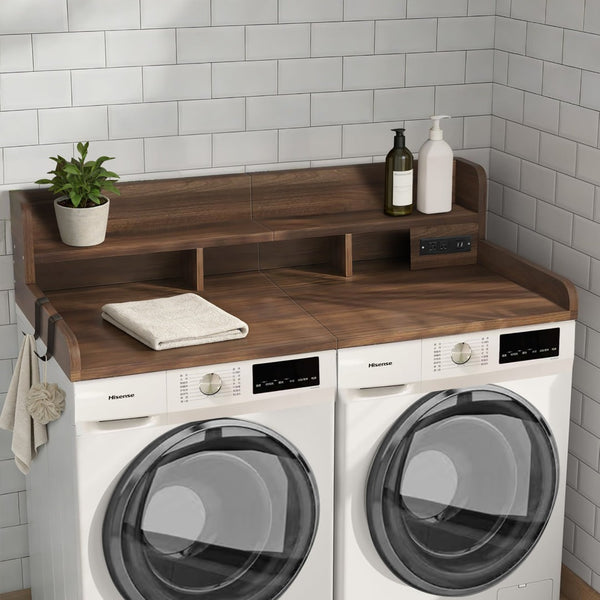 English Elm 2-tier Walnut Laundry Topper with Built-in Power Outlet Folding Surface and Storage W2641P446839