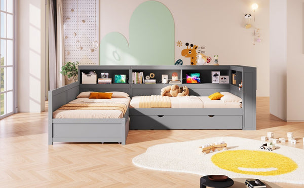 English Elm Wood Twin L-shaped Platform Bed Trundle Shelves Charging Station Kids Room Grey N7090001045E-1