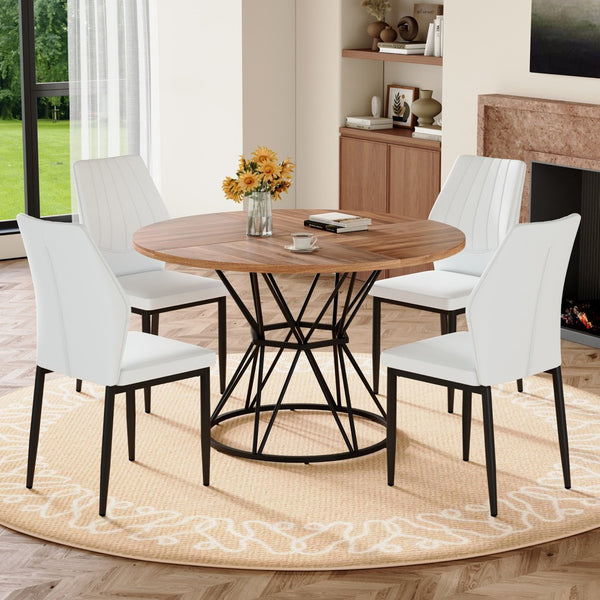 English Elm Table and Chair Set Walnut Round Dining with Hourglass Base Four Fabric Seats Walnut+Black,White W1151S04857