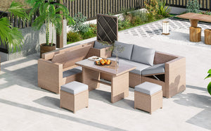 English Elm Topmax Outdoor Wicker Sectional Set with Storage Adjustable Seating and Tempered Glass Table Light Grey N717S100005G