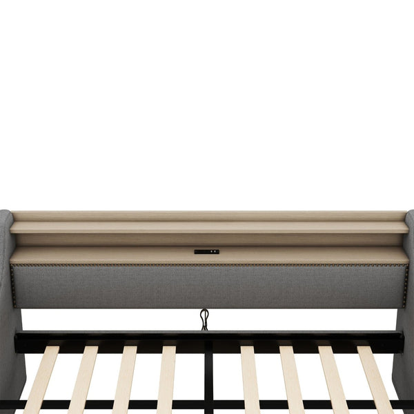 English Elm Twin Size Daybed With Built-In Storage, Charging Station & Led Lights - Stylish Gray Upholstered Design W1580S00060-GIGA