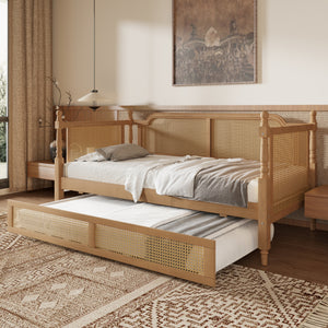 Traditional Woven Rattan Full Daybed with Pull Out Trundle Antique Walnut Pine Frame