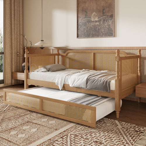 Traditional Woven Rattan Full Daybed with Pull Out Trundle Antique Walnut Pine Frame