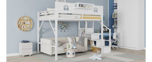 English Elm Queen Size Loft Bed With House-Shaped Guardrails, Stairs & Wardrobe - Perfect For Kids & Teens! W2593S00038-GIGA