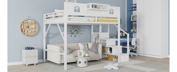 English Elm Queen Size Loft Bed With House-Shaped Guardrails, Stairs & Wardrobe - Perfect For Kids & Teens! W2593S00038-GIGA