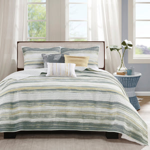 English Elm 6 Madison Park Marina Reversible Quilt Set Full/Queen with Coastal Watercolor Stripes & Embroidered Seashells Yellow 22.44 L x 17.72 W x 6.69 H B03597636