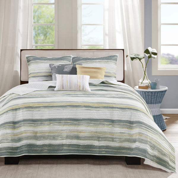 English Elm 6 Madison Park Marina Reversible Quilt Set Full/Queen with Coastal Watercolor Stripes & Embroidered Seashells Yellow 22.44 L x 17.72 W x 6.69 H B03597636