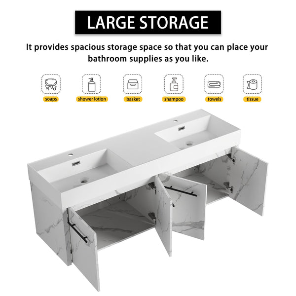 English Elm 60 Inch Wall-Mounted Bathroom Vanity With Double Resin Sinks, Modern Design, Storage & Style W999S00254