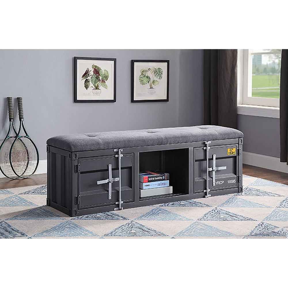 English Elm Grey Storage Bench with Gunmetal Iron Frame, Upholstered Seat, Locking Cabinet & Open Shelf for Entryway Organization and Secure Shoe Storage B062P189168