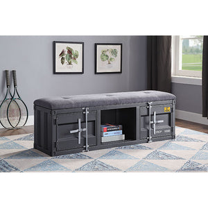 English Elm Grey Storage Bench with Gunmetal Iron Frame, Upholstered Seat, Locking Cabinet & Open Shelf for Entryway Organization and Secure Shoe Storage B062P189168