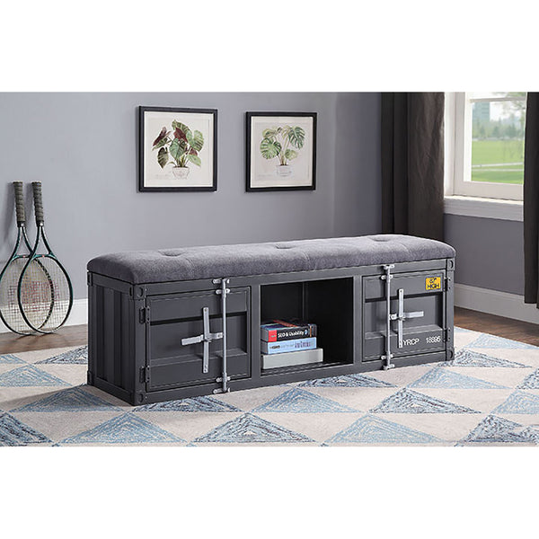 English Elm Grey Storage Bench with Gunmetal Iron Frame, Upholstered Seat, Locking Cabinet & Open Shelf for Entryway Organization and Secure Shoe Storage B062P189168