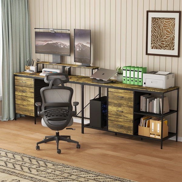 English Elm 114 Industrial L-Shaped Desk 114" with Power Hub & USB-C, 6 Fabric Drawers, 3 Shelves, Rustic Brown W2735P332342