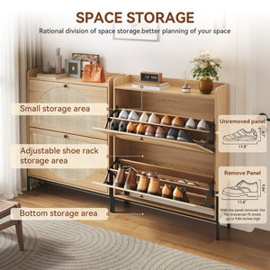 English Elm 2-drawer Rattan Front Shoe Cabinet Slim Entryway Organizer with Walnut Mdf Frame W5221P414212