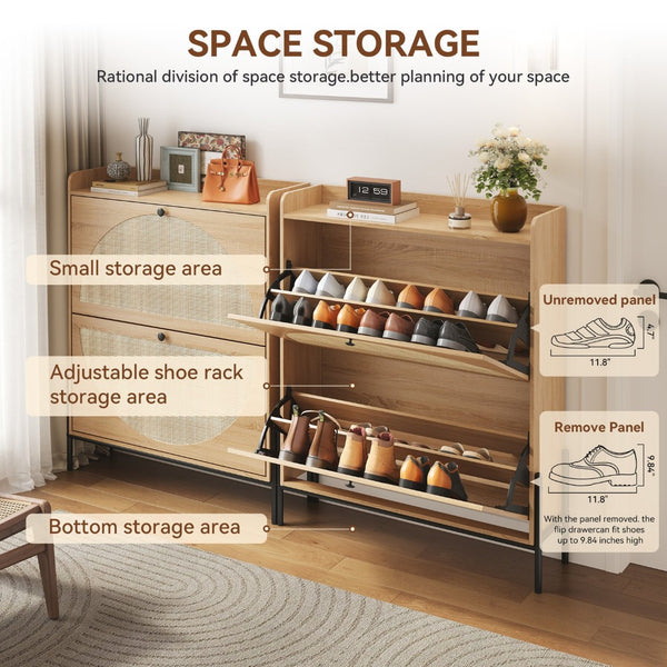 English Elm 2-drawer Rattan Front Shoe Cabinet Slim Entryway Organizer with Walnut Mdf Frame W5221P414212