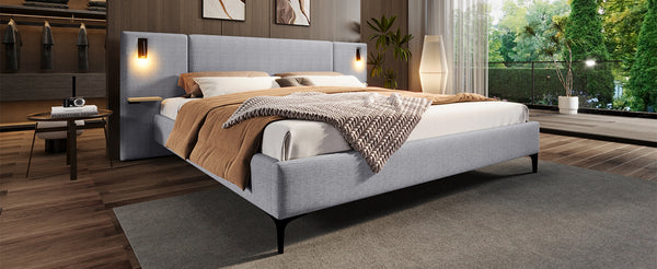 English Elm Christopher Knight Home® - Chic Linen Upholstered Bed With Integrated Lighting & Shelving, Grey Queen, Stylish Bedroom Retreat N769P264794Q