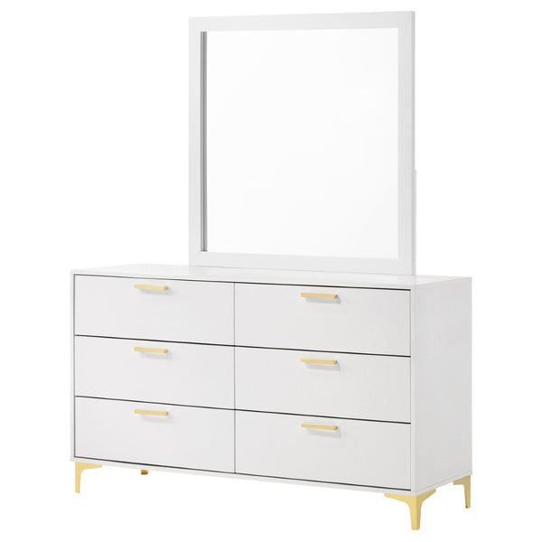 English Elm James White Glam Dresser with Mirror Gold Hardware Six Drawers Bedroom Vanity Set B062S01742