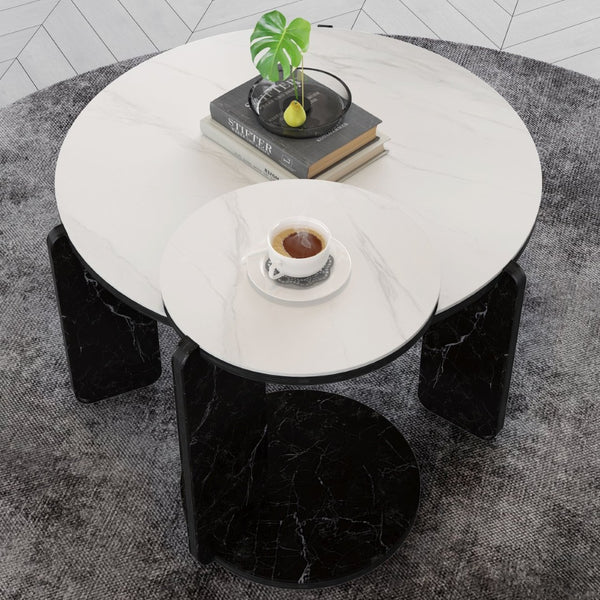 English Elm Set of 2 Round Sintered Stone Nesting Tables Sleek Modern Accent for Living Rooms W2899P405896
