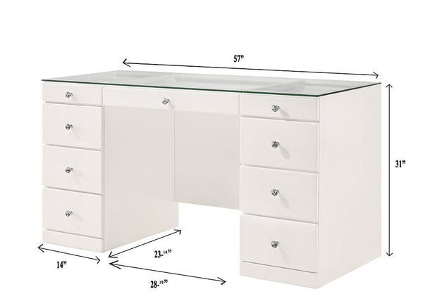 English Elm 1pc Glam Makeup Vanity Table with Glass Top and 9 Drawers Knobs – Sleek Wooden Bedroom Furniture White 59.96 L x 25.87 W x 2 H B2741S00134