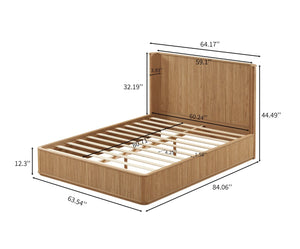 English Elm Natural Fluted Wood Platform Bed Minimalist Queen Frame with Tall Curved Headboard Oak W5219S00004